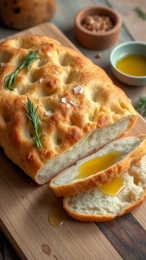 Golden crusted focaccia bread with rosemary and sea salt on a cutting board, sliced to show fluffy texture.